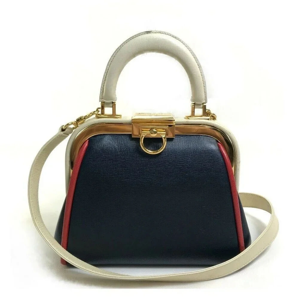 Authentic CHRISTIAN DIOR Tricolor Vintage Kisslock 2WAY Shoulder bag Hand Bag - Picture 3 of 8